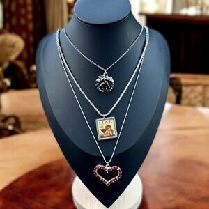 Romantic Vintage Layered Necklace Stack Cherub Rose Red Rhinestone Heart Silver